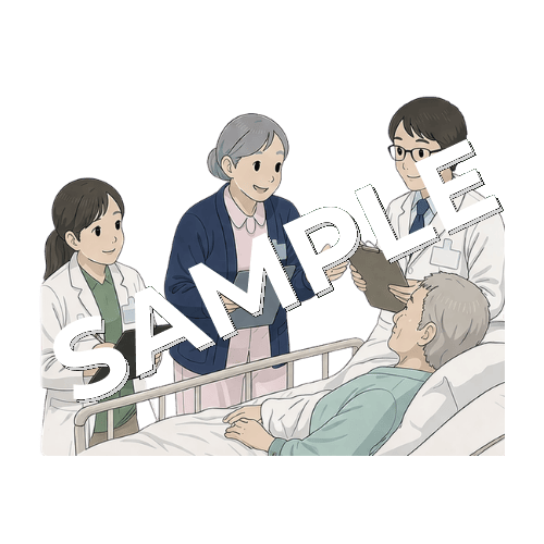 NST（栄養サポートチーム）で管理栄養士・薬剤師とラウンドするベテラン女性看護師のイラスト
