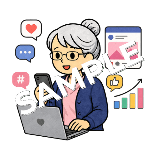 SNS運用をするベテラン女性看護師のイラスト