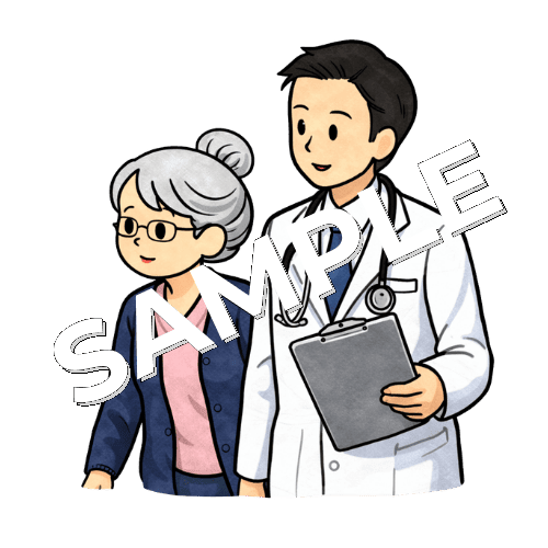 医師の回診に付き添うベテラン女性看護師のイラスト