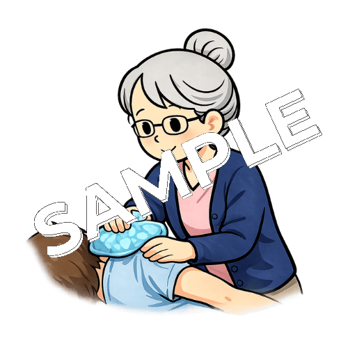 冷却パックを患部に当てるベテラン女性看護師のイラスト