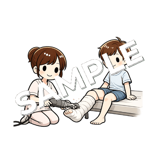 小児患者のギプスカットを介助する女性看護師のイラスト
