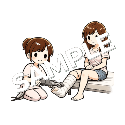 若者女性患者のギプスカットを介助する女性看護師のイラスト
