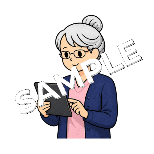 タブレットを見るベテラン女性看護師のイラスト