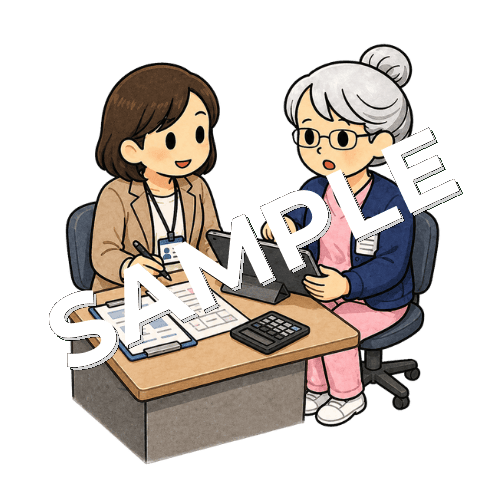 医療事務と診療報酬の算定について確認するベテラン女性看護師のイラスト