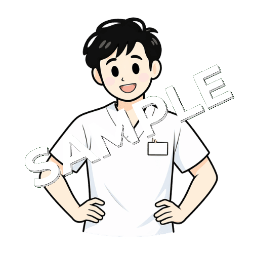 両手を腰にあてる男性言語聴覚士のイラスト