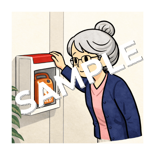 AEDの置き場所を確認するベテラン女性看護師のイラスト
