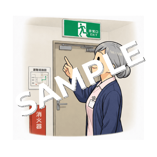 非常口を確認するベテラン女性看護師のイラスト