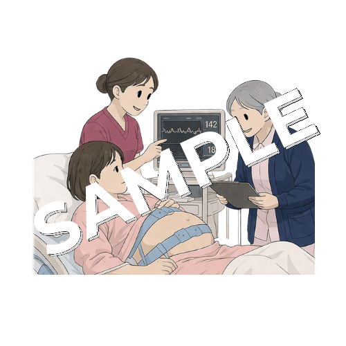 助産師と産婦の分娩進行を確認するベテラン女性看護師のイラスト