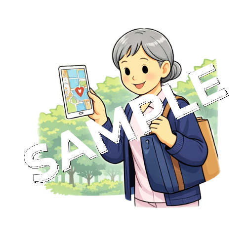 地図アプリを見ている訪問ベテラン女性看護師のイラスト