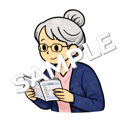 患者の血圧手帳を確認するベテラン女性看護師のイラスト