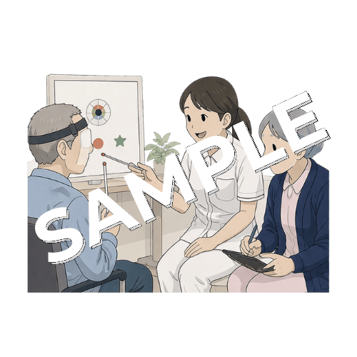視能訓練士と斜視訓練の進捗を確認するベテラン女性看護師のイラスト