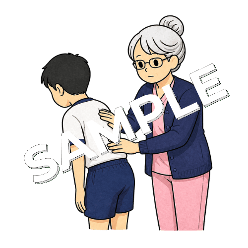 学校健診で児童の側弯チェックをするベテラン女性看護師のイラスト