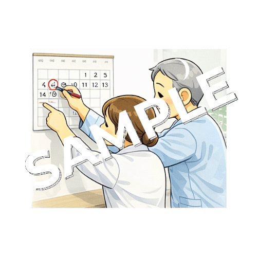 患者と一緒にカレンダーに退院日の丸をつけるベテラン女性看護師のイラスト