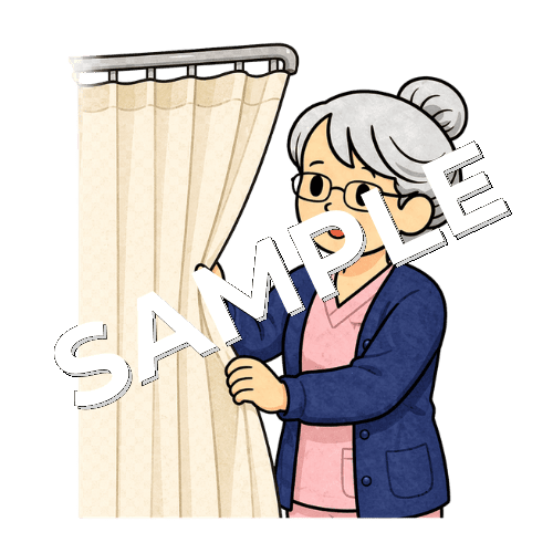 カーテンを開閉するベテラン女性看護師のイラスト