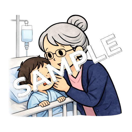 泣いている小児患者をあやすベテラン女性看護師のイラスト