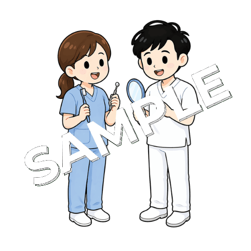 口腔ケアの方法について女性スタッフと相談する男性言語聴覚士のイラスト