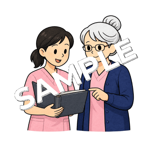 バインダーを見て2人で話し合うベテラン女性看護師のイラスト