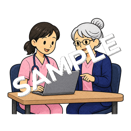 パソコンを見て2人で話し合うベテラン女性看護師のイラスト