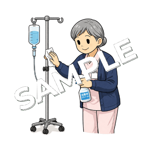 点滴スタンドを消毒しているベテラン女性看護師のイラスト