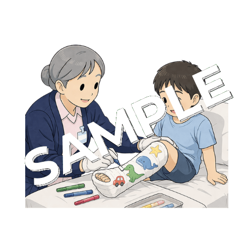 小児科で子どものギプスにイラストを描くベテラン女性看護師のイラスト