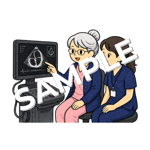 臨床検査技師と心エコーの画像を一緒に確認するベテラン女性看護師のイラスト