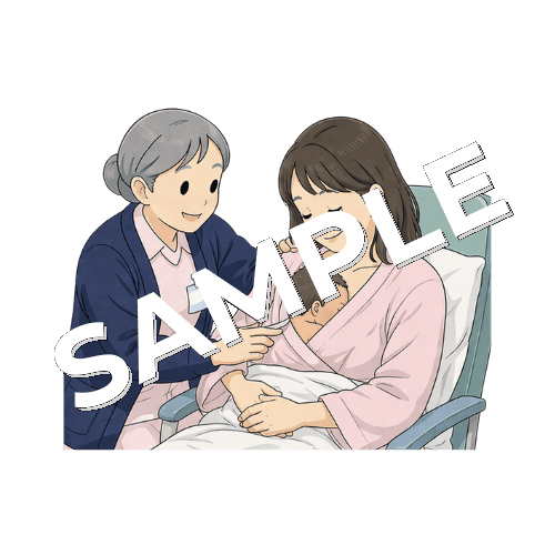 産婦にカンガルーケアを促すベテラン女性看護師のイラスト