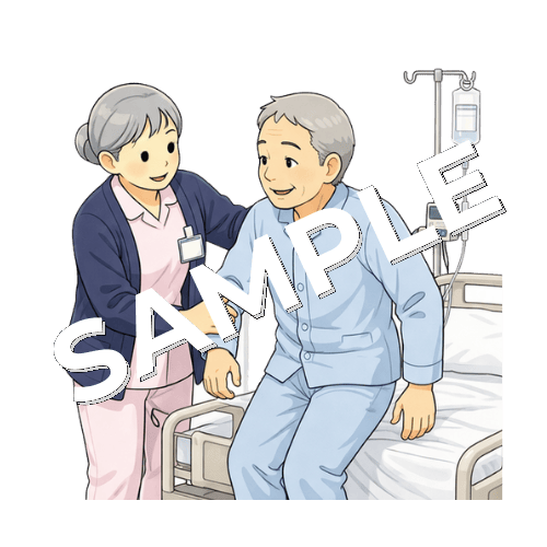 術後患者の離床を促すベテラン女性看護師のイラスト