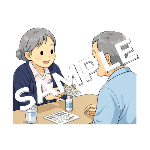 患者に緩下剤の飲み方を説明するベテラン女性看護師のイラスト
