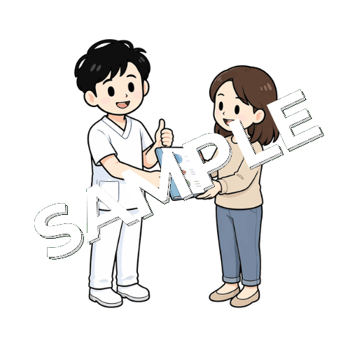 女性患者に自主トレメニューを渡す男性言語聴覚士のイラスト