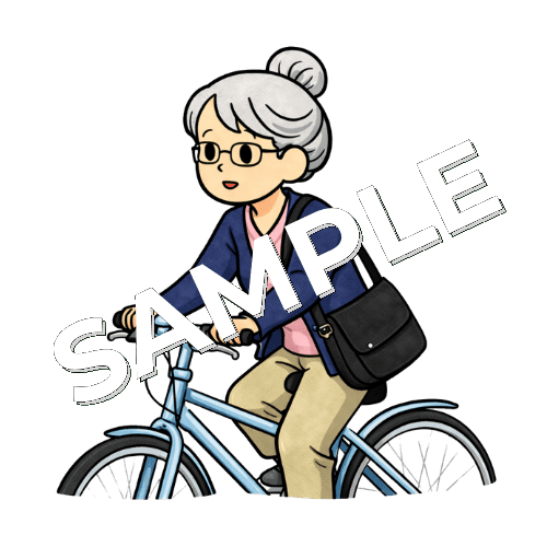 自転車で訪問に向かうベテラン女性看護師のイラスト