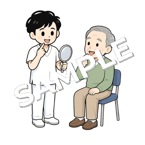 手鏡を持って高齢男性患者に舌の動きを指導する男性言語聴覚士のイラスト