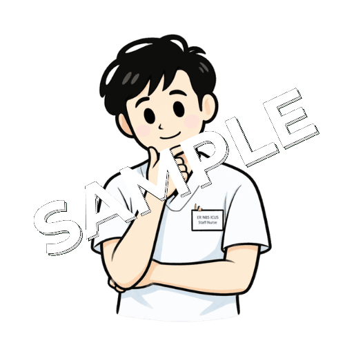 顎に手をあて考え事をする男性言語聴覚士のイラスト