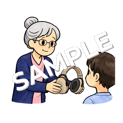 患者にイヤーマフ（聴覚過敏対応）を渡すベテラン女性看護師のイラスト