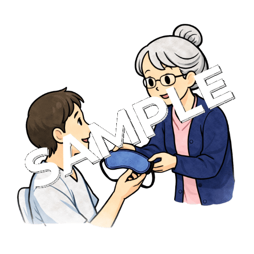 患者にアイマスクを渡す（刺激遮断）ベテラン女性看護師のイラスト