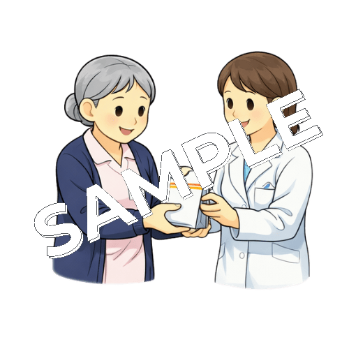 女性薬剤師に薬袋を手渡すベテラン女性看護師のイラスト