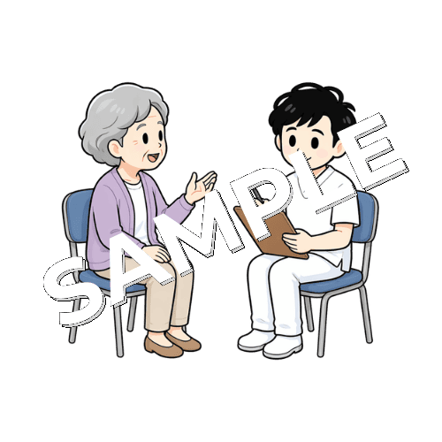 患者の奥さんから自宅での様子をヒアリングする男性言語聴覚士のイラスト