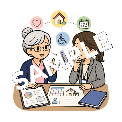 ケアマネジャーと在宅サービスの調整をするベテラン女性看護師のイラスト