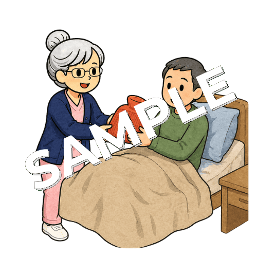 患者に湯たんぽを渡すベテラン女性看護師のイラスト