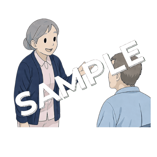 患者にシャワー浴の時間を案内するベテラン女性看護師のイラスト