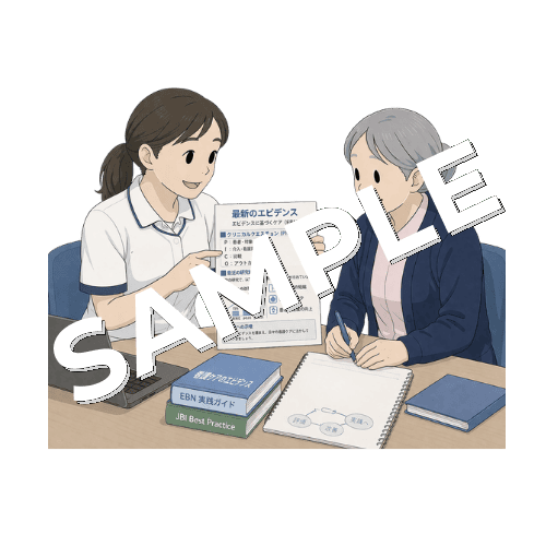 認定看護師から最新のエビデンスを教わるベテラン女性看護師のイラスト