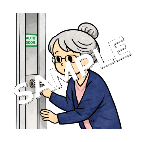 自動ドアを施錠するベテラン女性看護師のイラスト