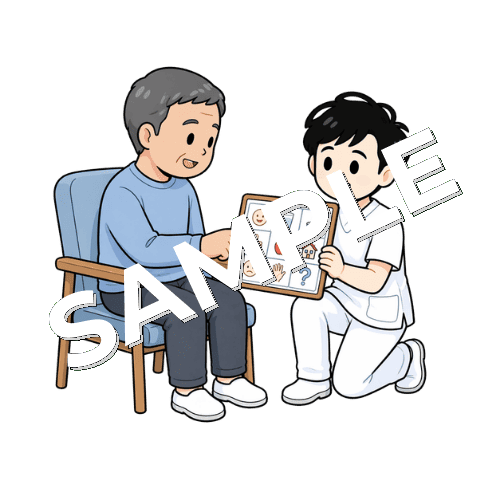 絵カードを指さす男性患者と男性言語聴覚士のイラスト