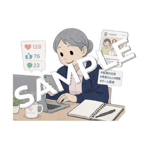 SNS運用をするベテラン女性看護師のイラスト