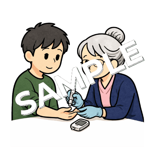 患者の血糖測定（指先穿刺）をしているベテラン女性看護師のイラスト
