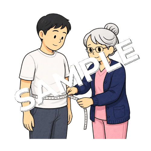 企業健診で腹囲を測定するベテラン女性看護師のイラスト