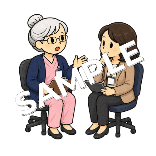 公認心理師と患者のメンタルケアについて相談するベテラン女性看護師のイラスト