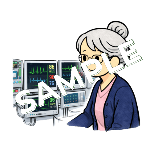ICUで多数のモニターを見守るベテラン女性看護師のイラスト
