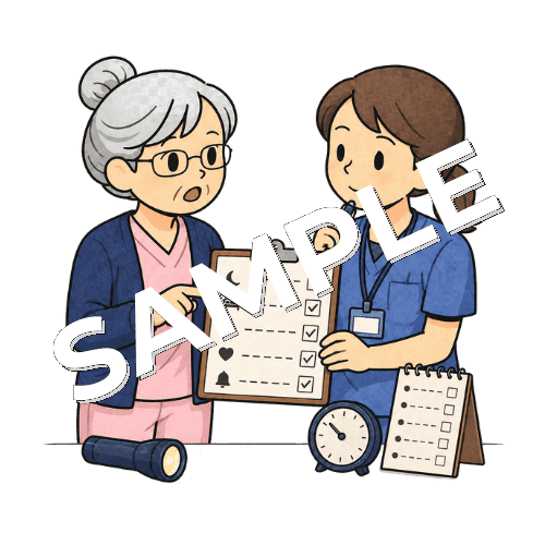 介護福祉士と夜間の見守り体制を打ち合わせるベテラン女性看護師のイラスト