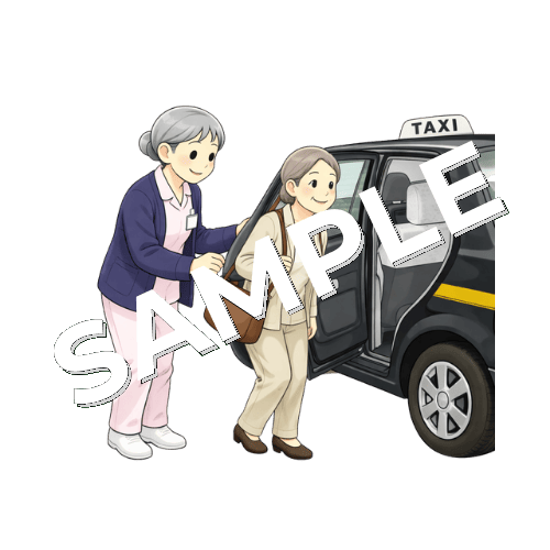 退院する患者にタクシーのドアを開けるベテラン女性看護師のイラスト