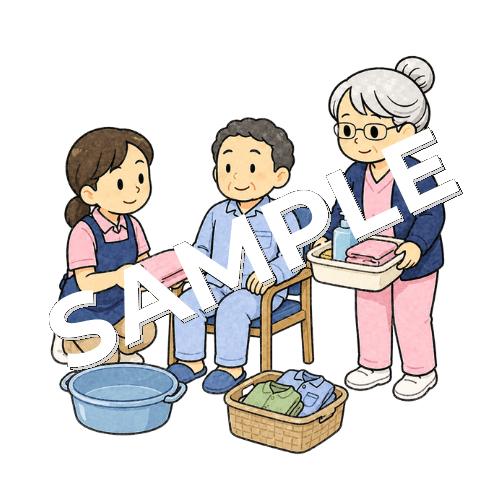 ヘルパーと在宅患者の入浴準備をする訪問ベテラン女性看護師のイラスト